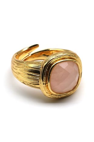 Pembe Kuvars Doğal Taş Ayarlanabilir Gold Renkli Yüzük - YZK-0168
