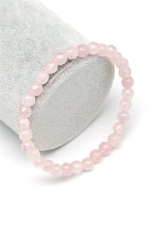 Pembe Kuvars Doğal Taş Bileklik 6 mm Fasetli Küre Kesim - BLK-2544