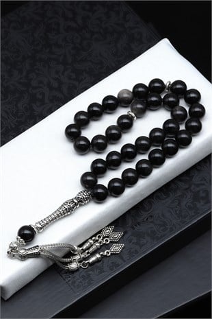 Silver Obsidyen Doğal Taş Tesbih 10 mm Küre Kesim TSB-0605