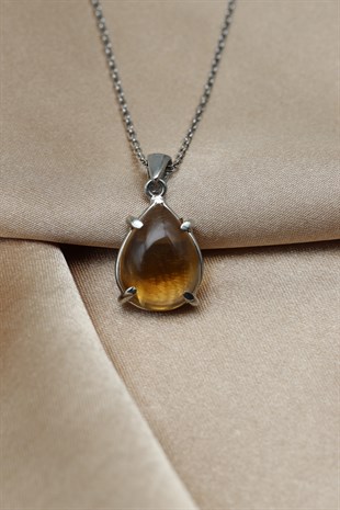 Sitrin Doğal Taş 925 Ayar Gümüş Kolye - KLYG-1635