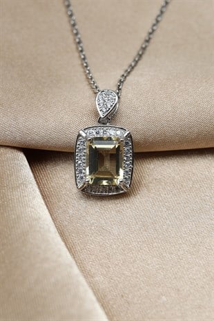 Sitrin Doğal Taş 925 Ayar Gümüş Kolye - KLYG-1637