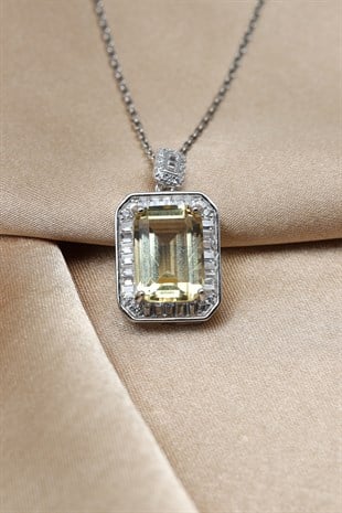 Sitrin Doğal Taş 925 Ayar Gümüş Kolye - KLYG-1638