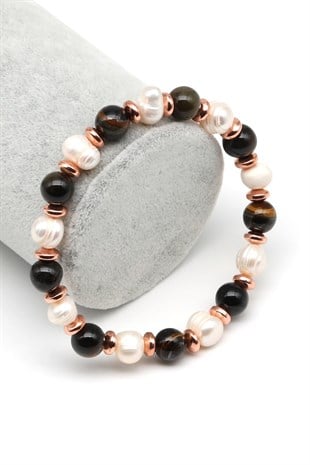 Siyah Kaplan Gözü-İnci Doğal Taş Bileklik 8 mm Küre Kesim - BLK-2307