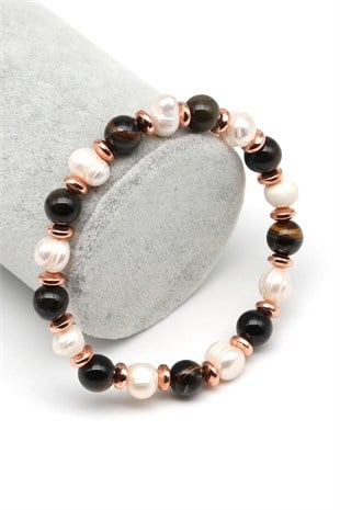 Siyah Kaplan Gözü-İnci Doğal Taş Bileklik 8 mm Küre Kesim - BLK-2307