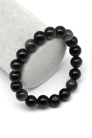 Slver Obsidyen Doğal Taş Bileklik 10 mm Küre Kesim - BLK-2511