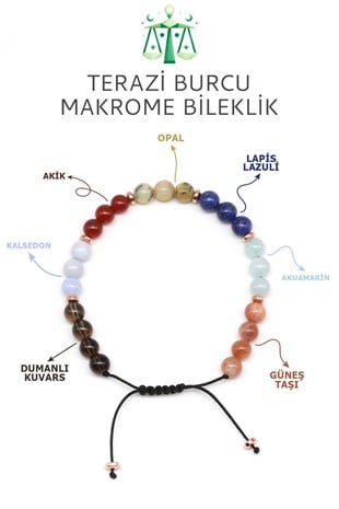 Terazi Burcu Taşlarından Oluşan Doğal Taş Makrome Bileklik 6 mm Küre Kesim - Burç Bilekliği