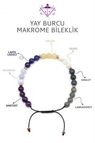 Yay Burcu Taşlarından Oluşan Doğal Taş Makrome Bileklik 6 mm Küre Kesim - Burç Bilekliği