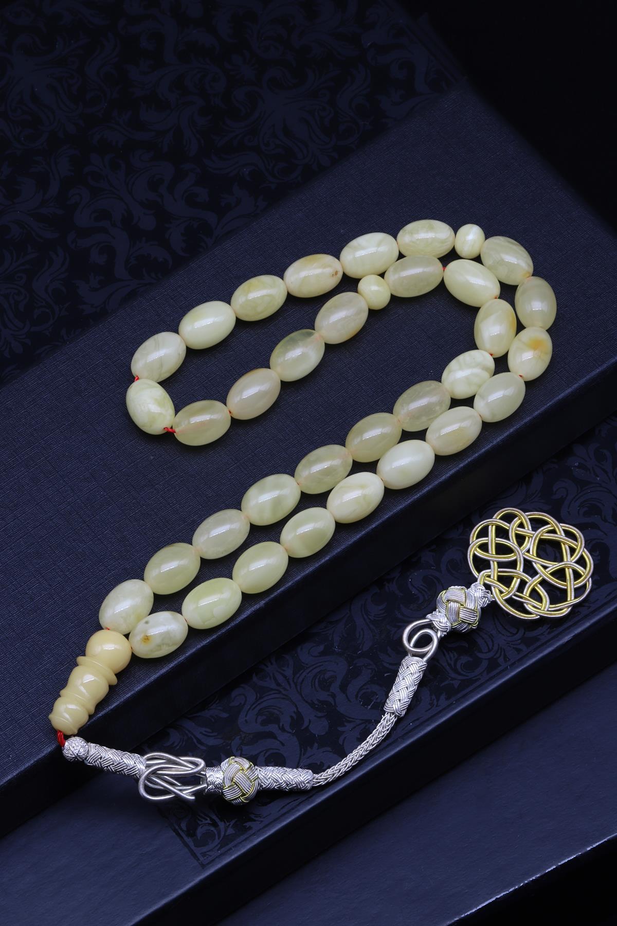 1000 Ayar Gümüş El Örmesi Kazaz Püsküllü 8 x 12 mm Kehribar Tesbih