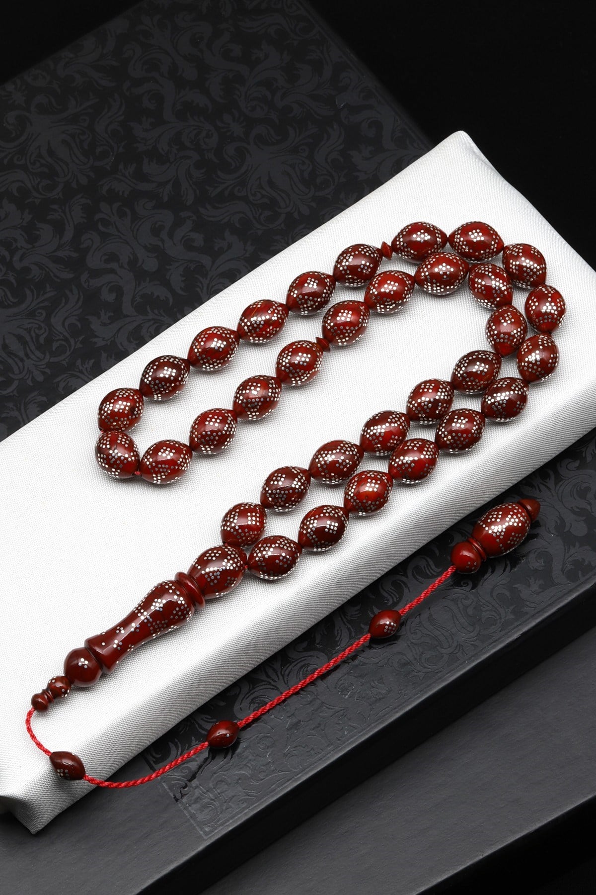 925 Ayar Gümüş İşlemeli Kuka Ağacı Tesbih 10 x 13 mm Arpa Kesim - T-1873