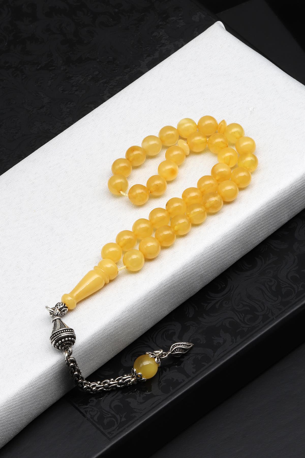 925 Ayar Gümüş Püsküllü 7 mm Damla Kehribar Küre Kesim Tesbih