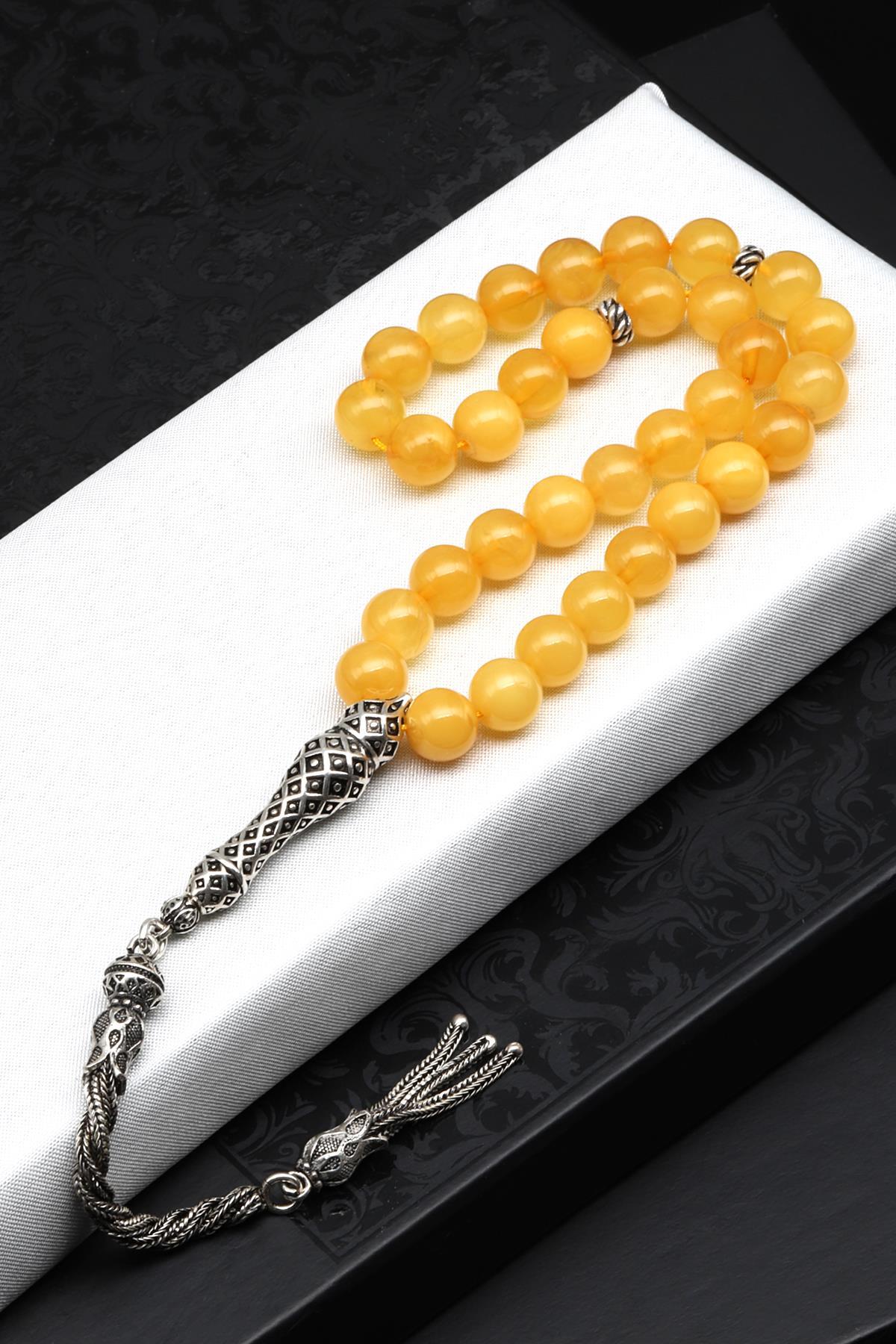 925 Ayar Gümüş Püsküllü 8 mm Damla Kehribar Küre Kesim Tesbih