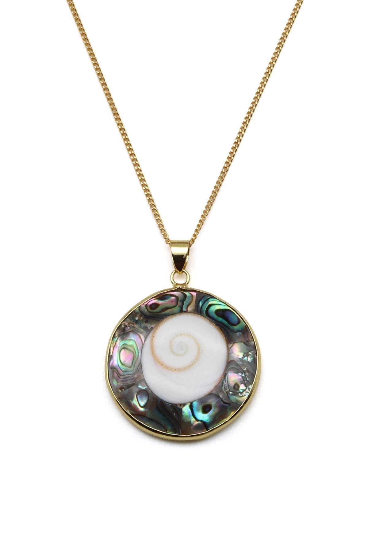 Abalon Sedef - Yılancık Doğal Taş Gold Renk Kolye - KLY-1629