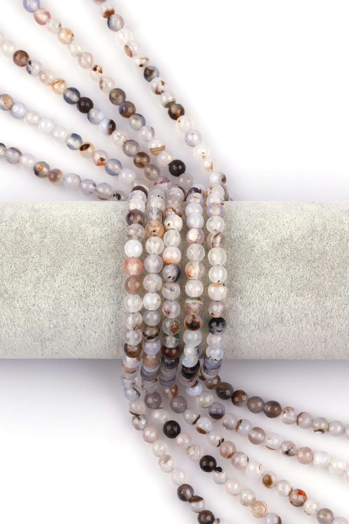 Açık Gri Akik Doğal Taş Dizi 6 mm Fasetli Küre Kesim