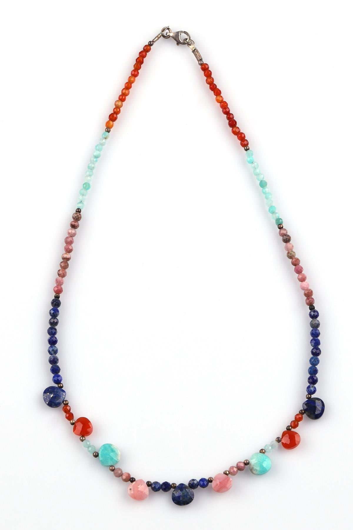 Akik - Amazonit - Rodonit - Lapis Lazuli Doğal Taş Tasarım Kolye