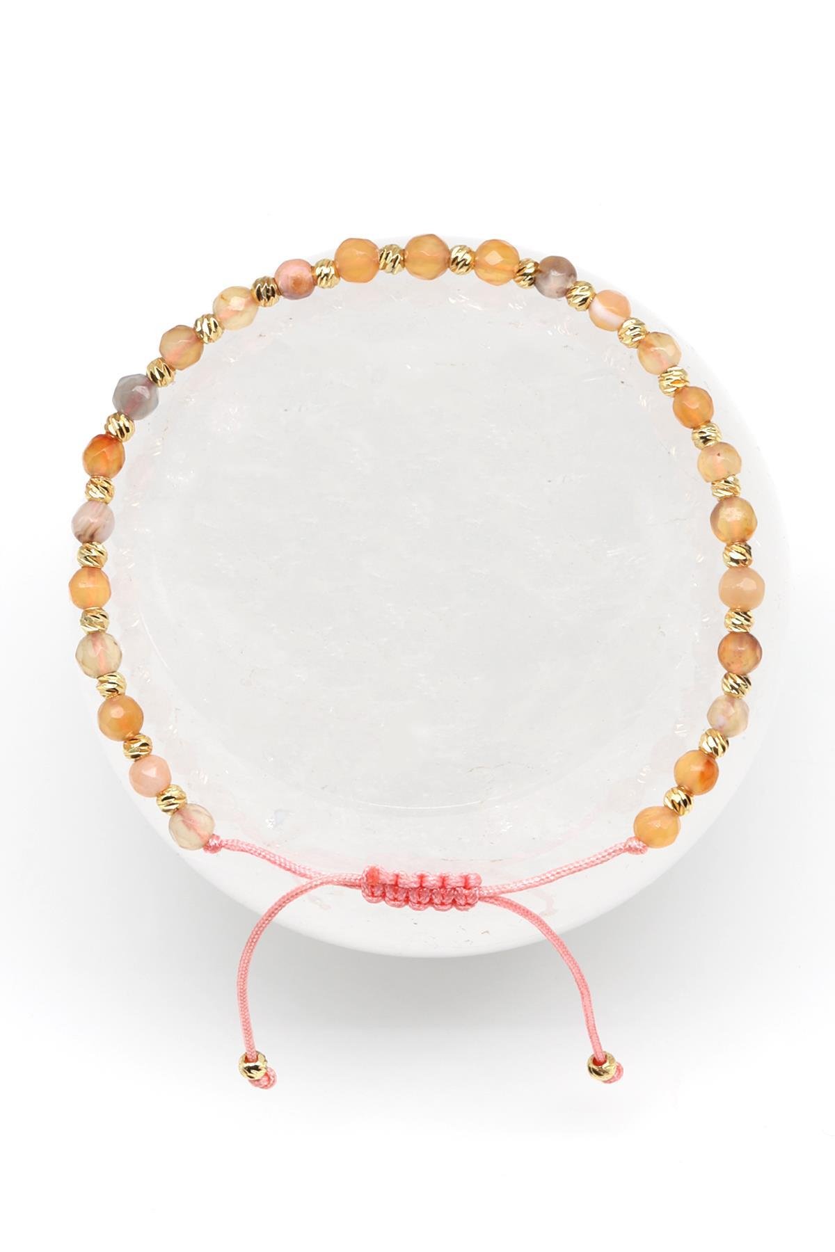 Akik Doğal Taş Makrome Örme Bileklik Fasetli Küre Kesim