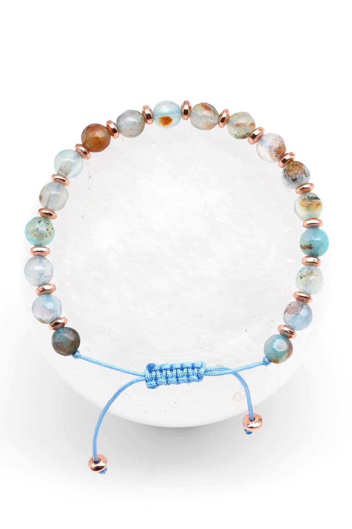 Akik Doğal Taş Makrome Örme Bileklik Fasetli Küre Kesim