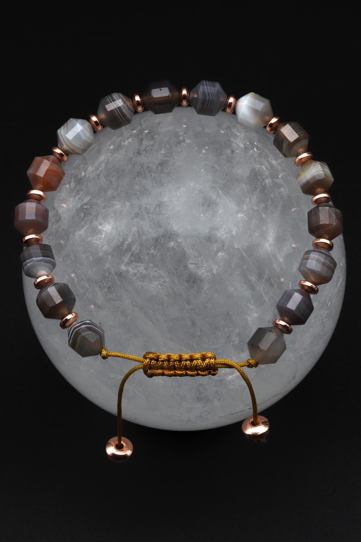 Akik Doğal Taş Makrome Örme Bileklik Hexagonal Kesim