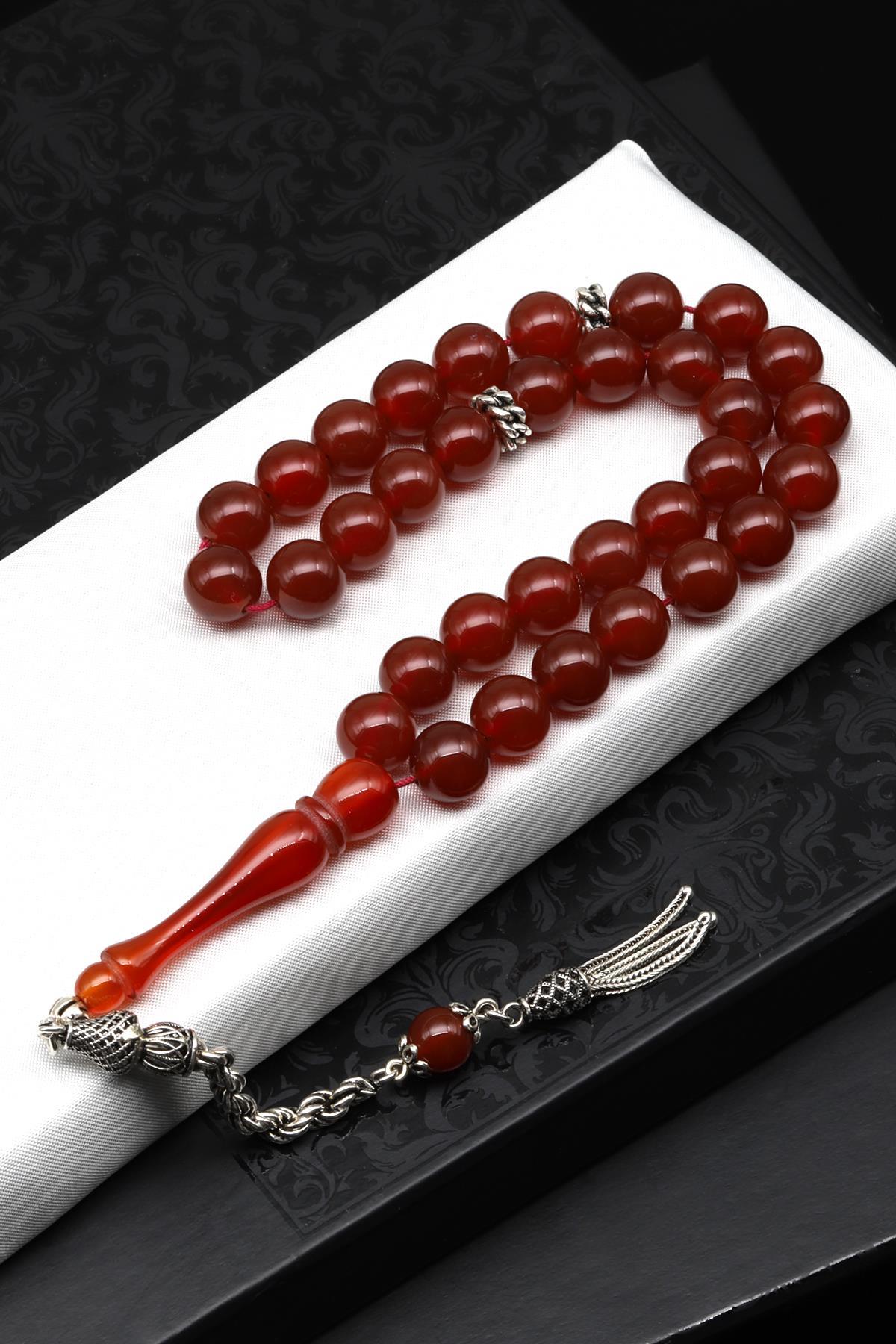 Akik Doğal Taş Tesbih 10 mm Gümüş Püsküllü Küre Kesim