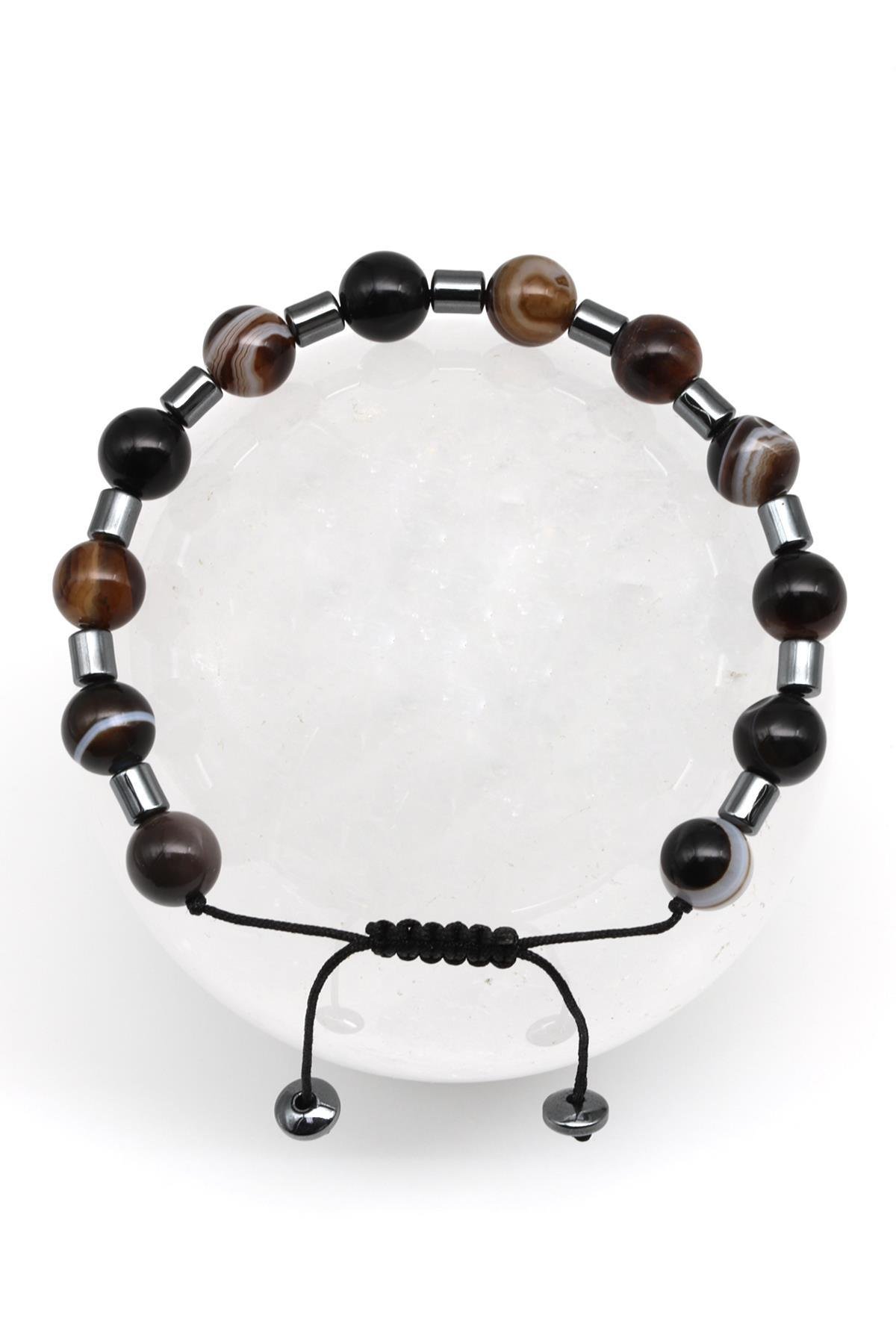 Akik - Hematit Doğal Taş Makrome Örme Bileklik Küre Kesim