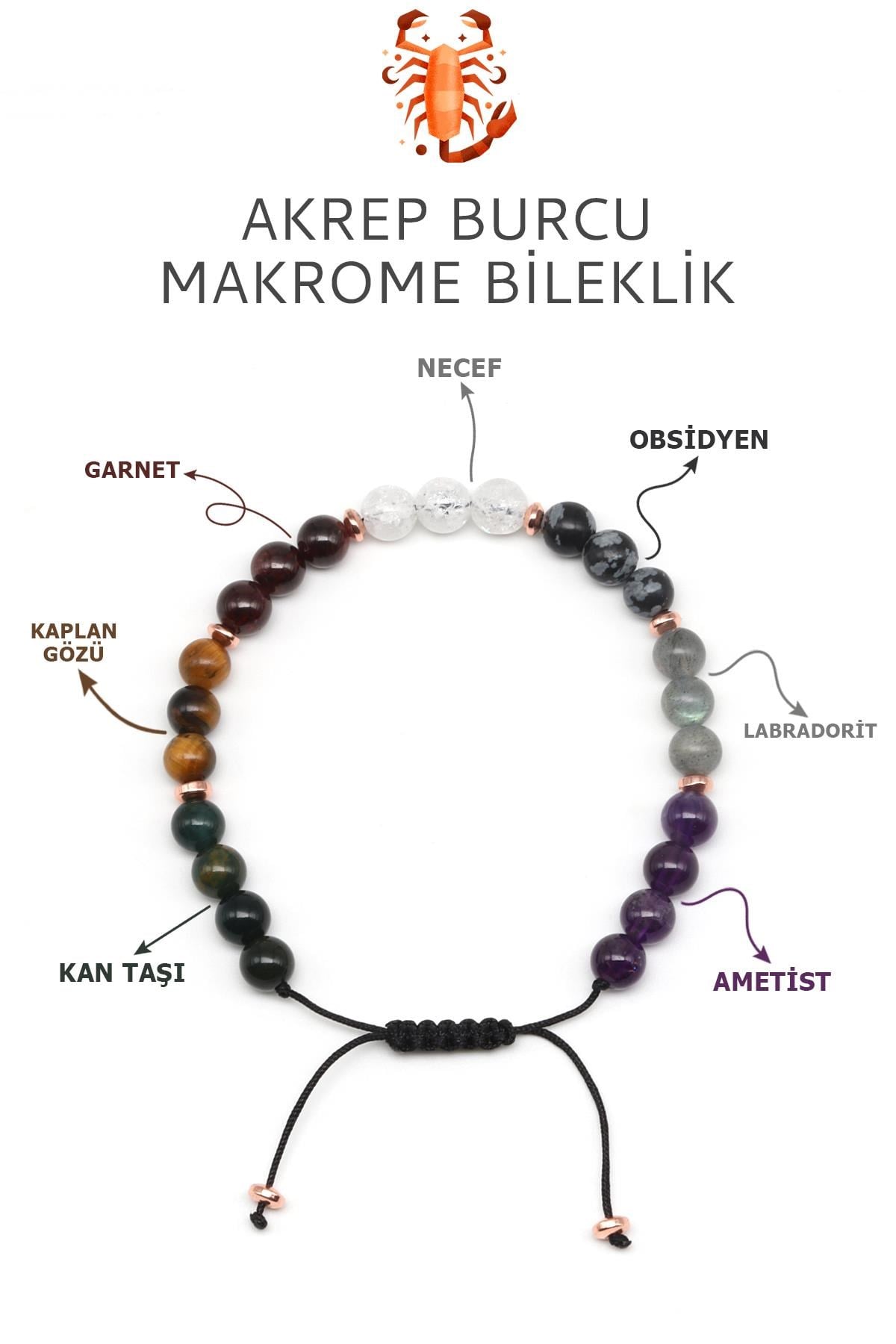 Akrep Burcu Taşlarından Oluşan Doğal Taş Makrome Bileklik 6 mm Küre Kesim - Burç Bilekliği