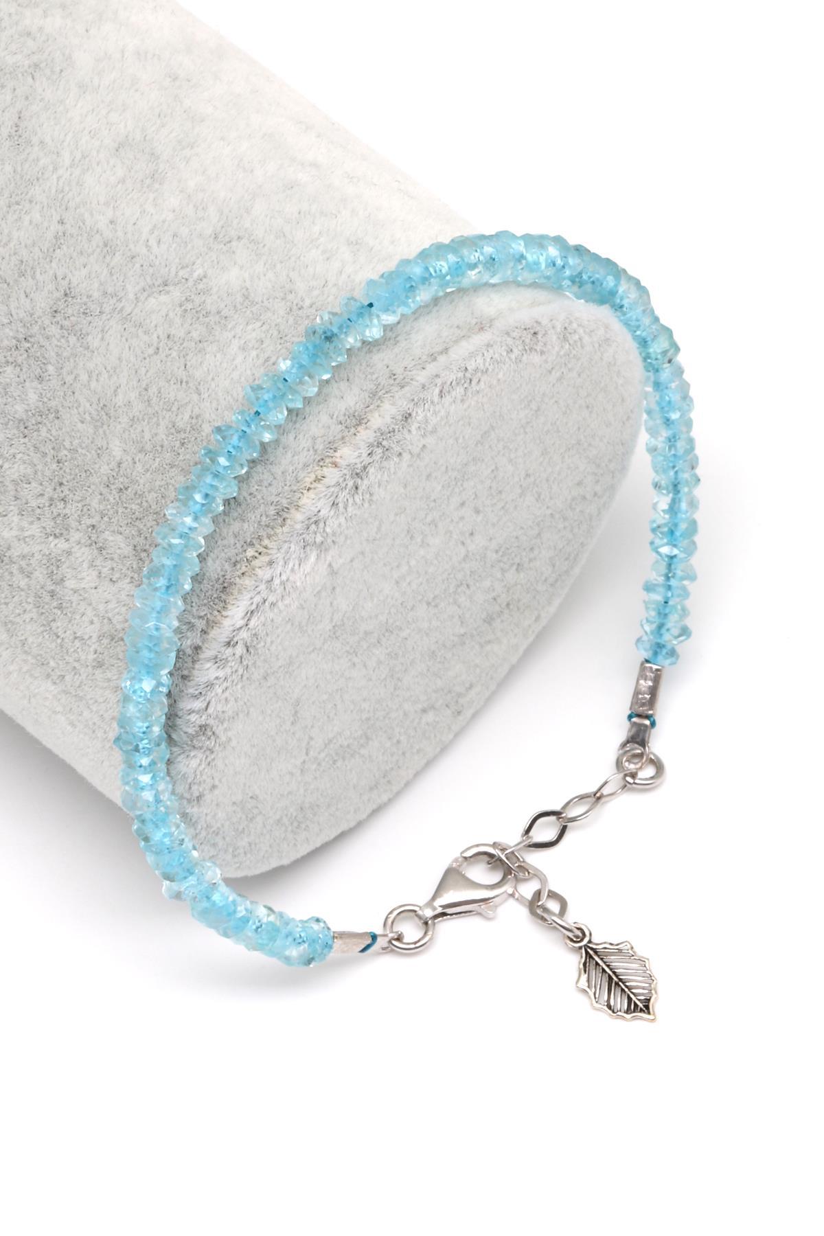 Akuamarin Doğal Taş 925 Ayar Gümüş Bileklik Rondel Kesim