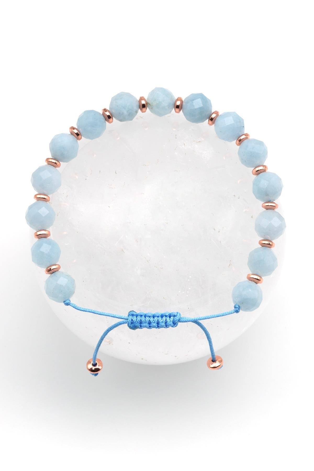 Akuamarin Doğal Taş Makrome Örme Bileklik Fasetli Kesim