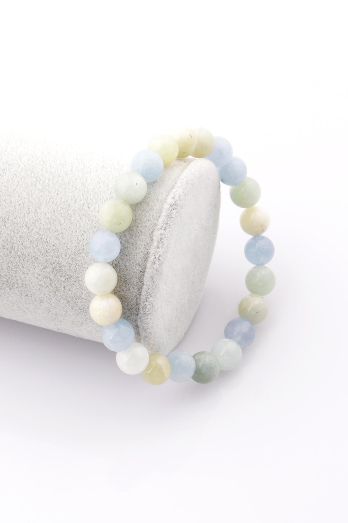 Akuamarin - Heliodor Doğal Taş Bileklik 8 mm Küre Kesim