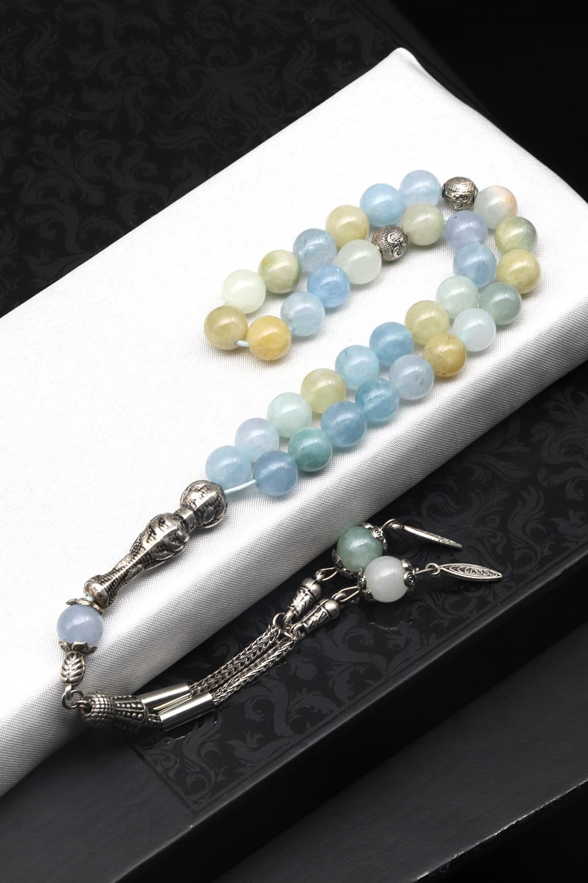 Akuamarin - Heliodor Doğal Taş Tesbih 8 mm Küre Kesim