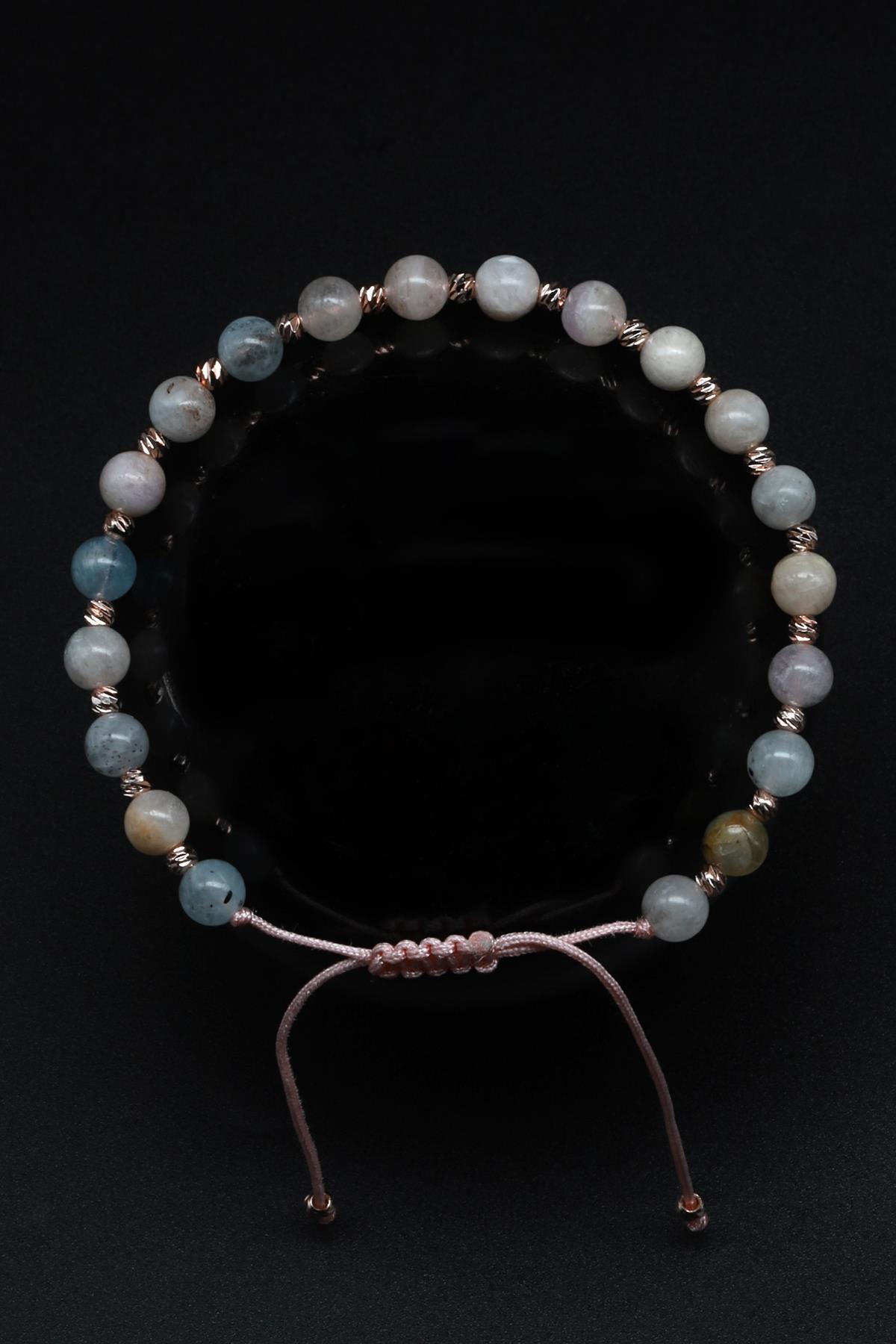 Akuamarin - Heliodor - Morganit Doğal Taş Makrome Örme Bileklik Küre Kesim