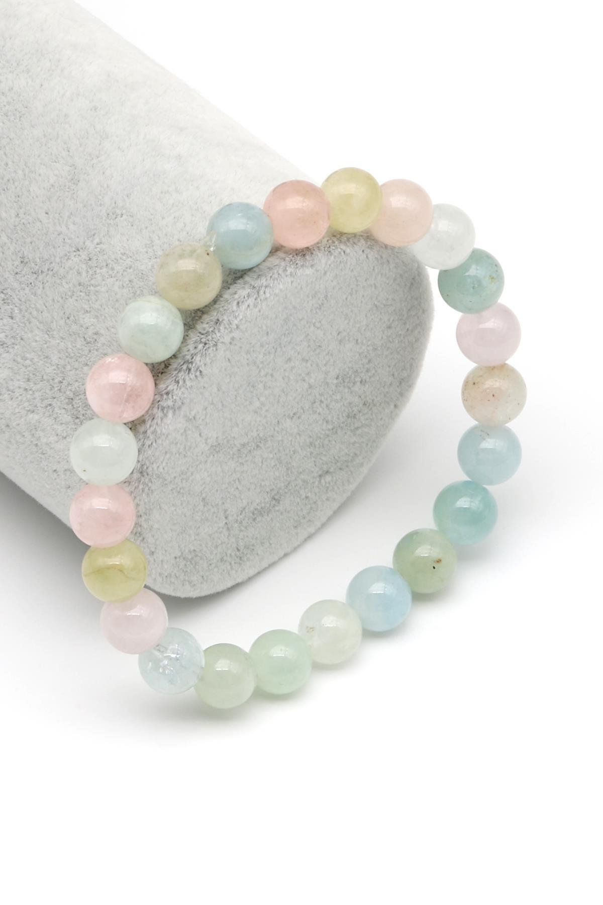 Akuamarin-Morganit-Heliodor Doğal Taş Bileklik 8 mm Küre Kesim