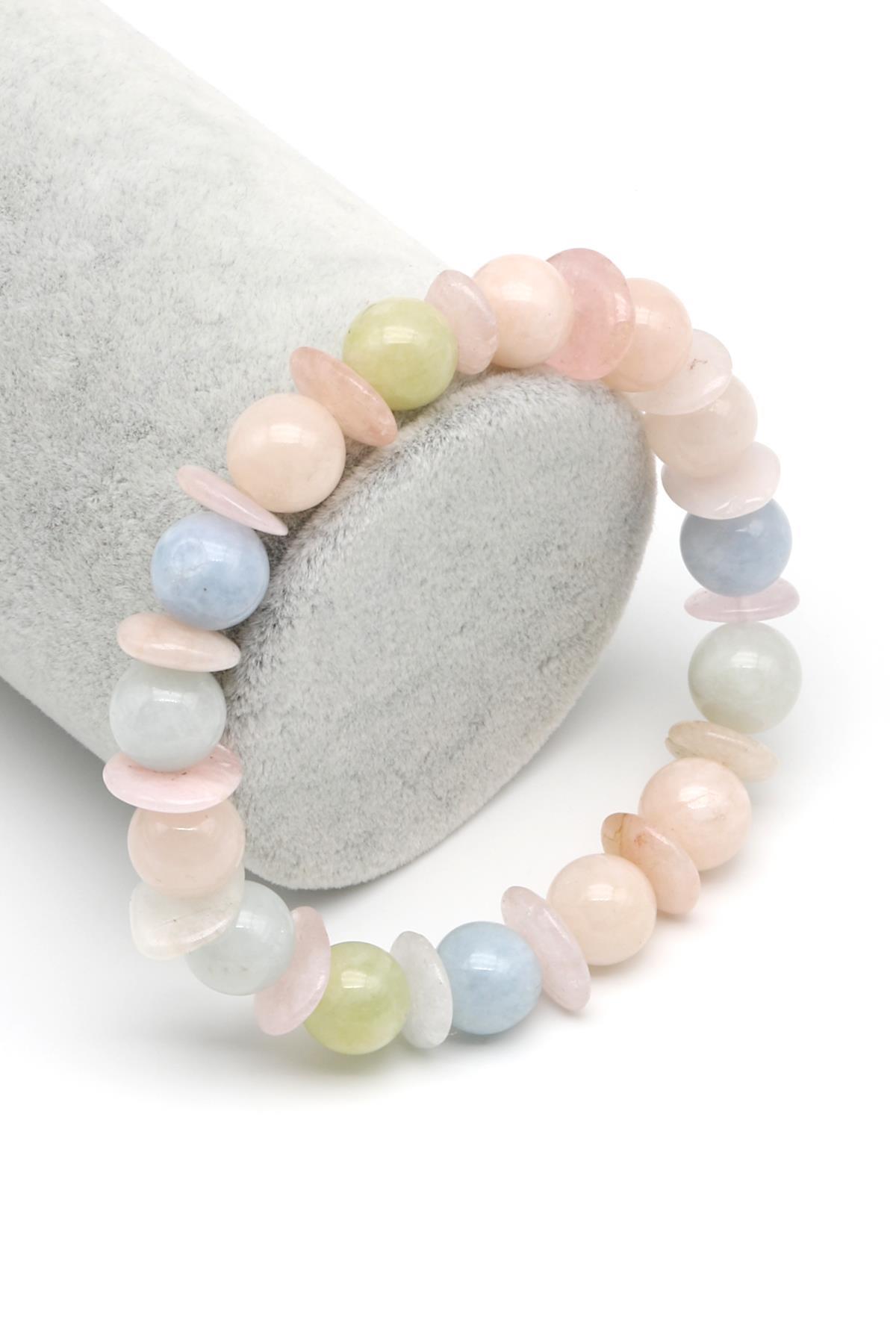 Akuamarin-Morganit-Heliodor Doğal Taş Tasarım Bileklik 10 mm Küre Kesim