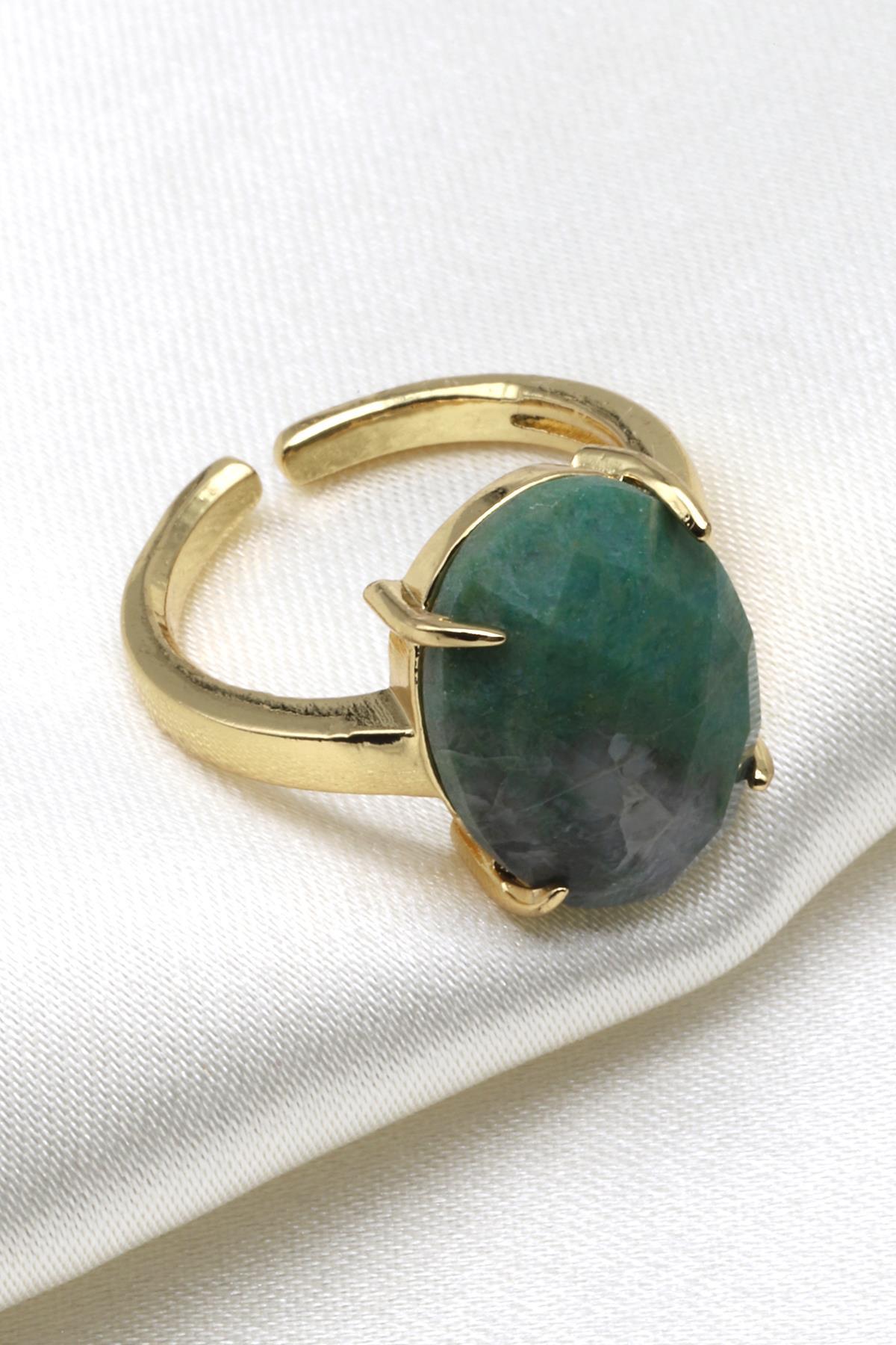 Amazonit Doğal Taş Ayarlanabilir Gold Renk Yüzük