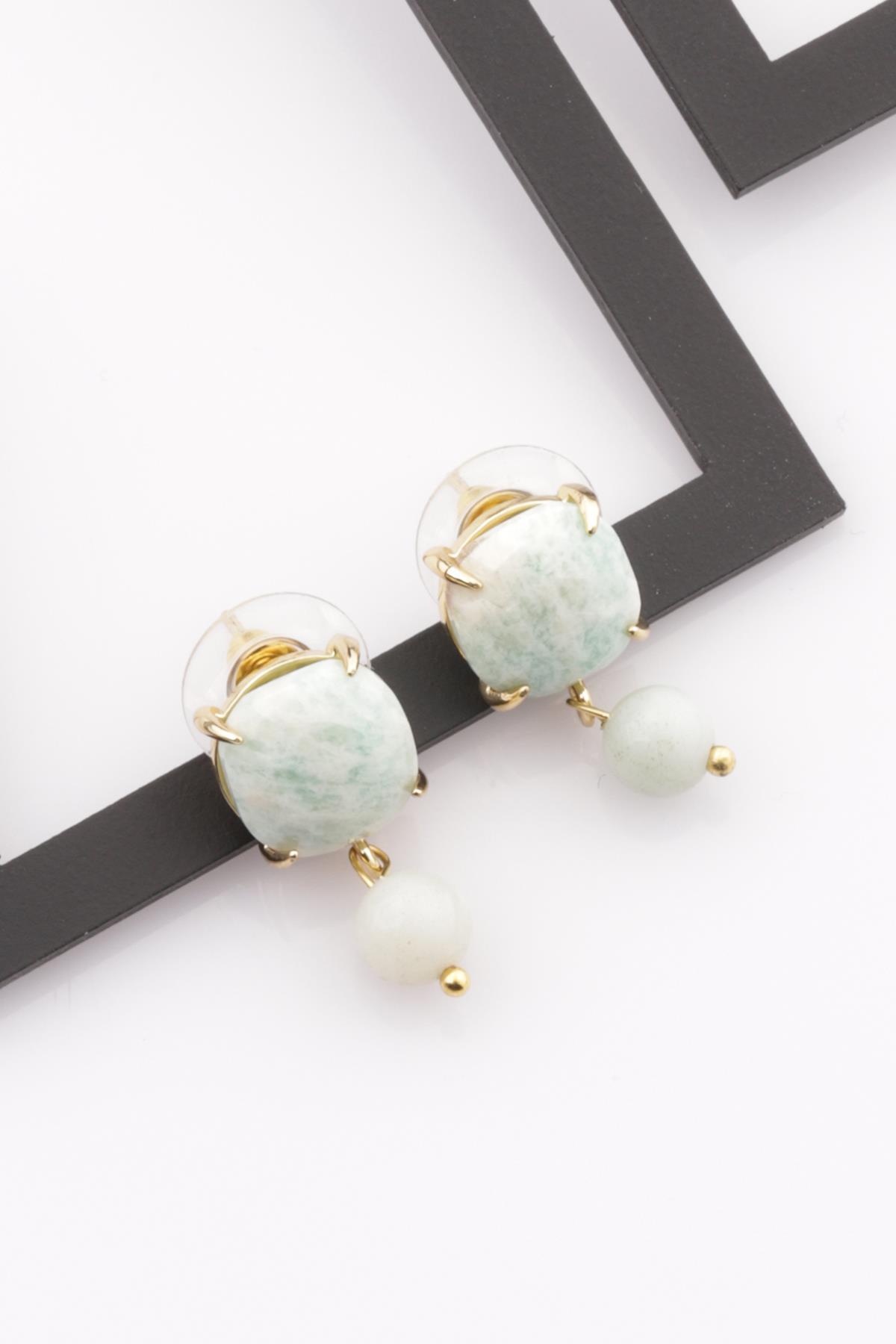 Amazonit Doğal Taş Gold Renkli Küpe