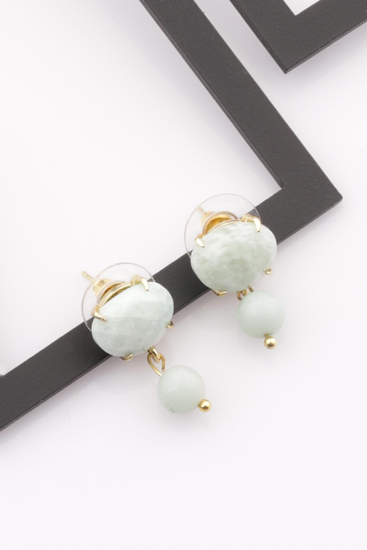 Amazonit Doğal Taş Gold Renkli Küpe