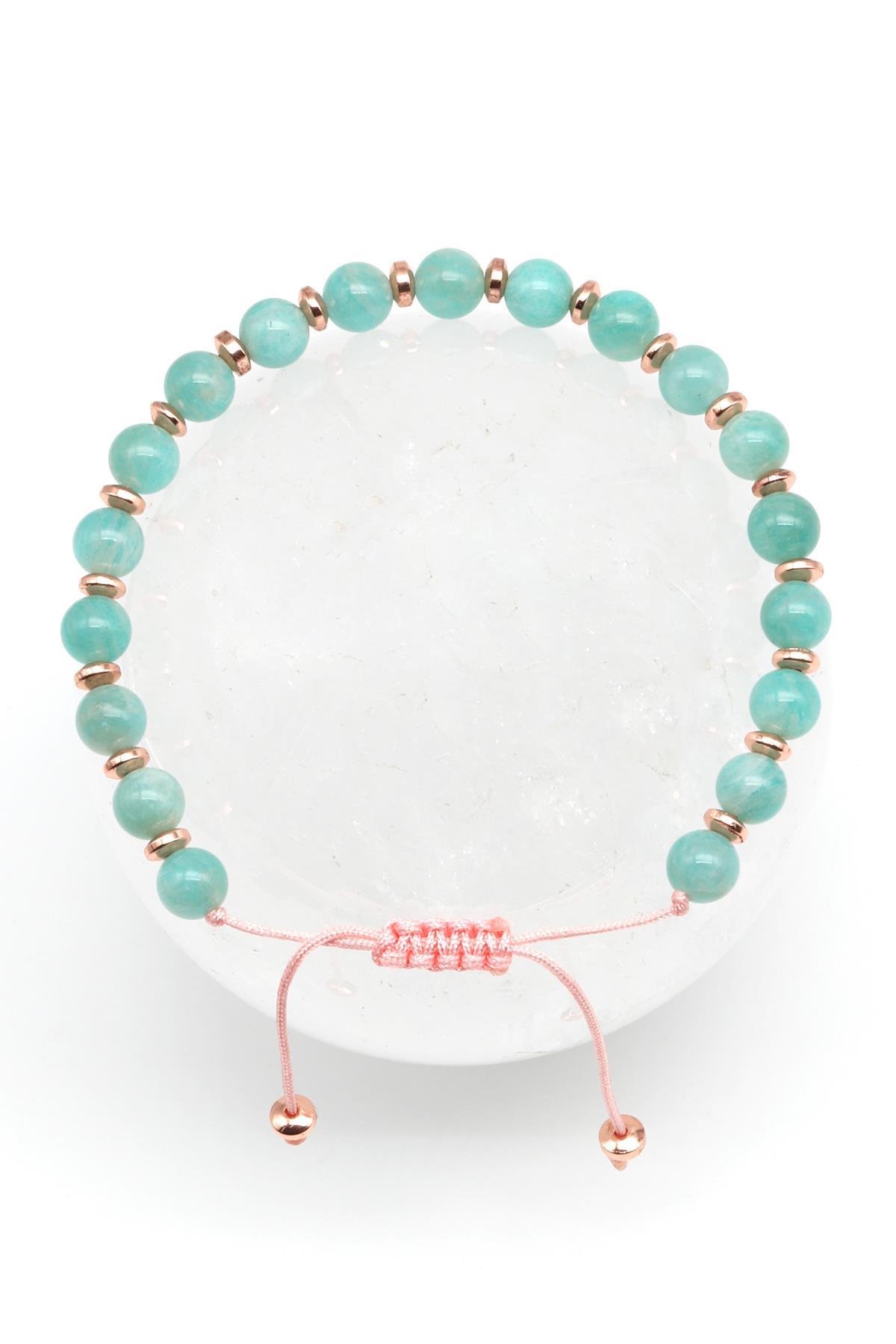 Amazonit Doğal Taş Makrome Örme Bileklik Küre Kesim