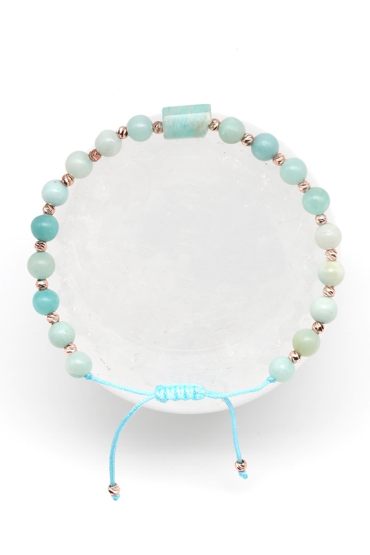 Amazonit Doğal Taş Makrome Örme Bileklik Küre Kesim