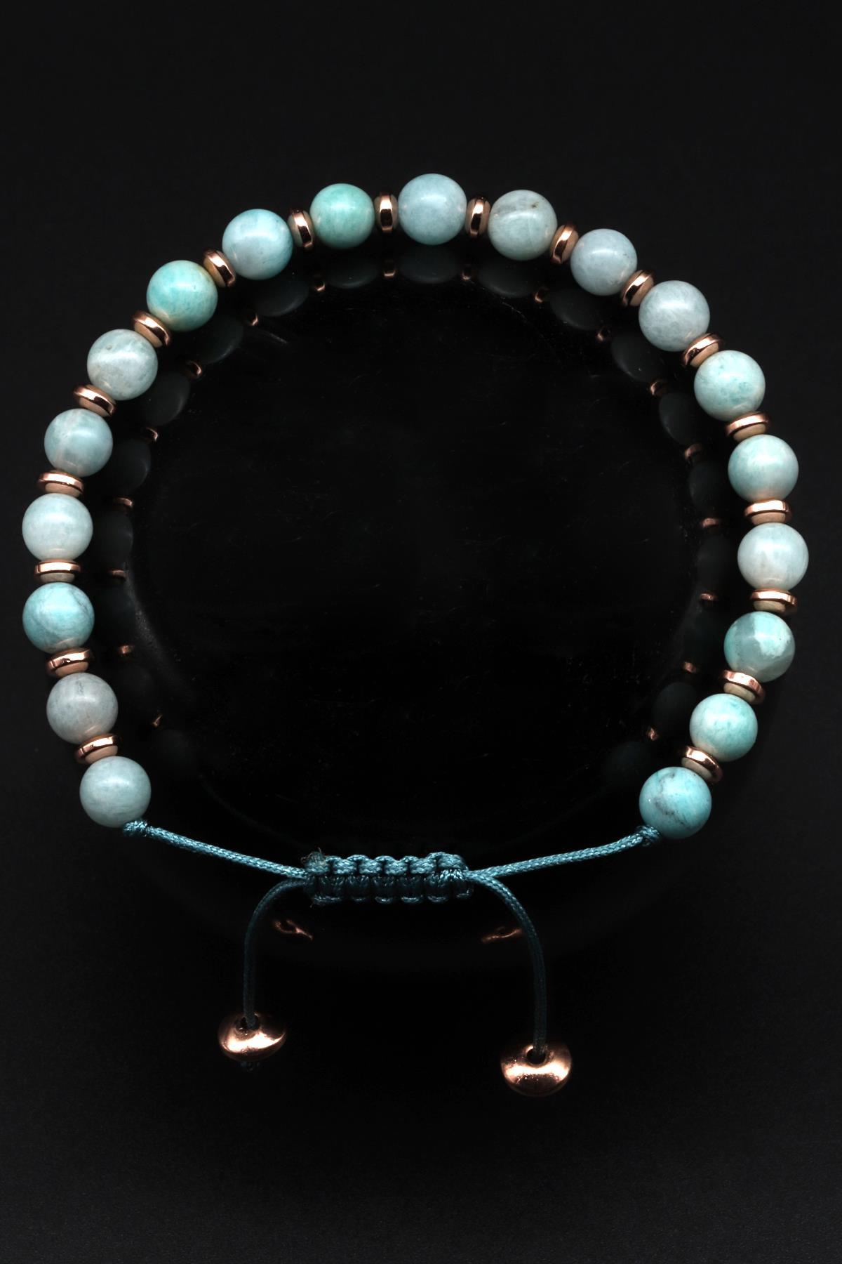 Amazonit - Hematit Doğal Taş Makrome Örme Bileklik