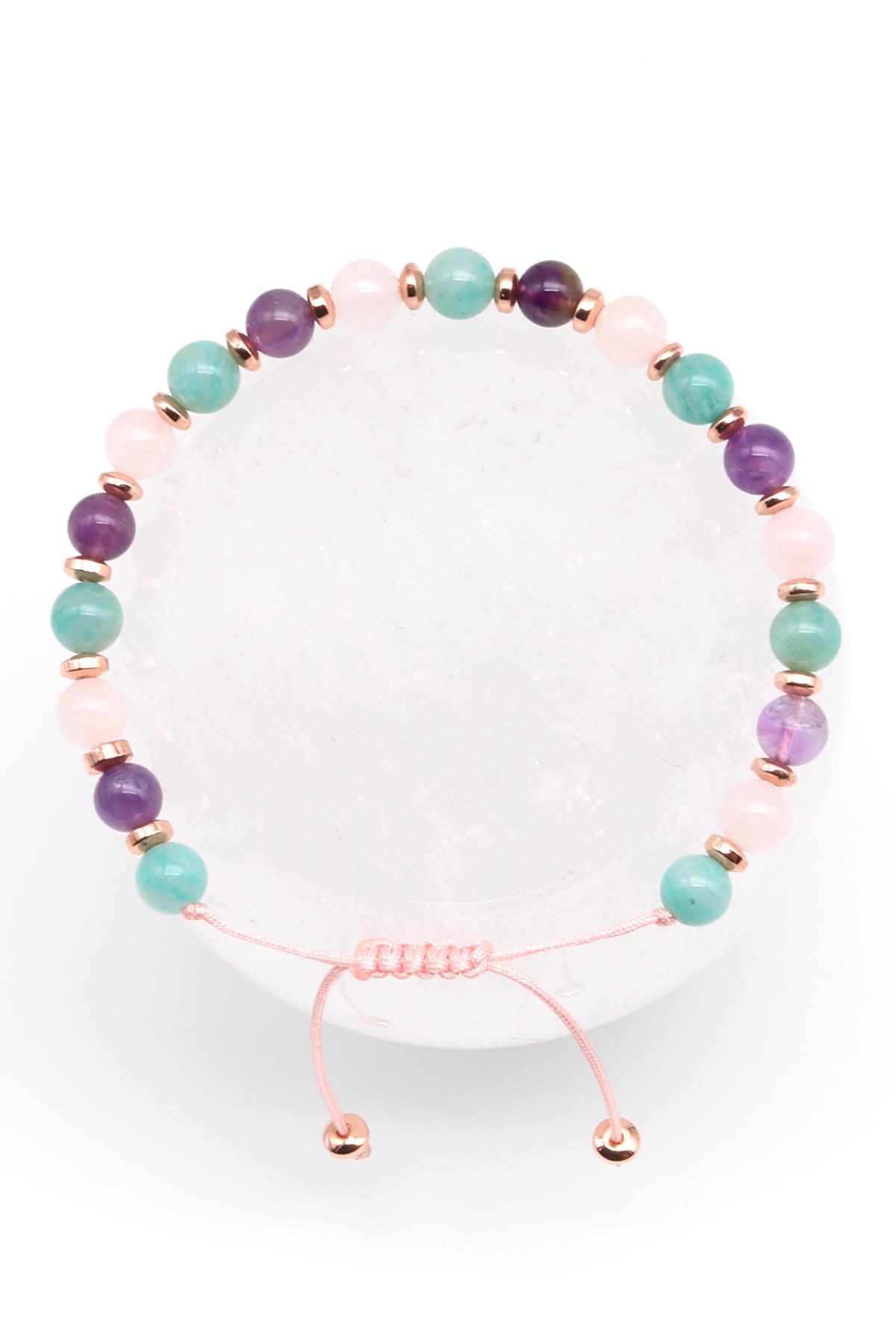 Ametist-Amazonit-Pembe Kuvars Doğal Taş Makrome Örme Bileklik Küre Kesim