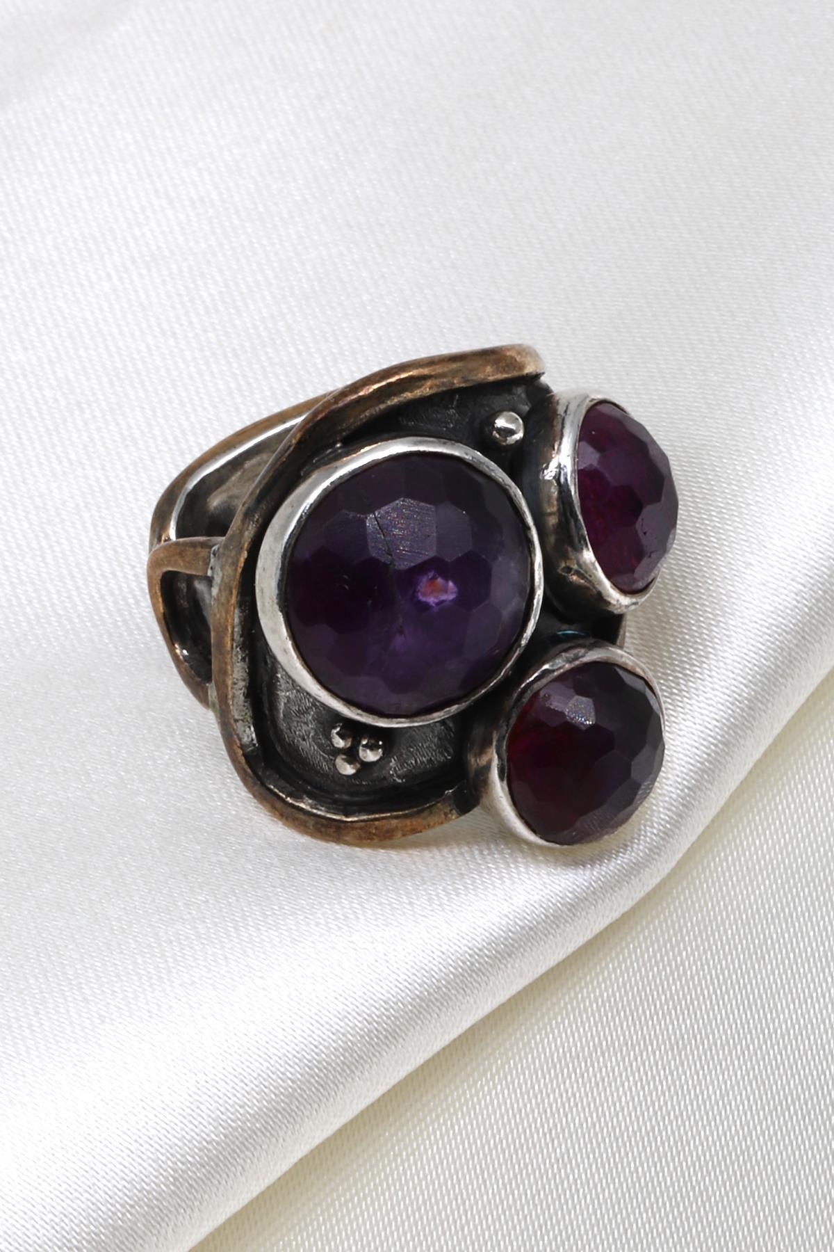 Ametist Doğal Taş 925 Ayar Gümüş Ayarlanabilir Yüzük