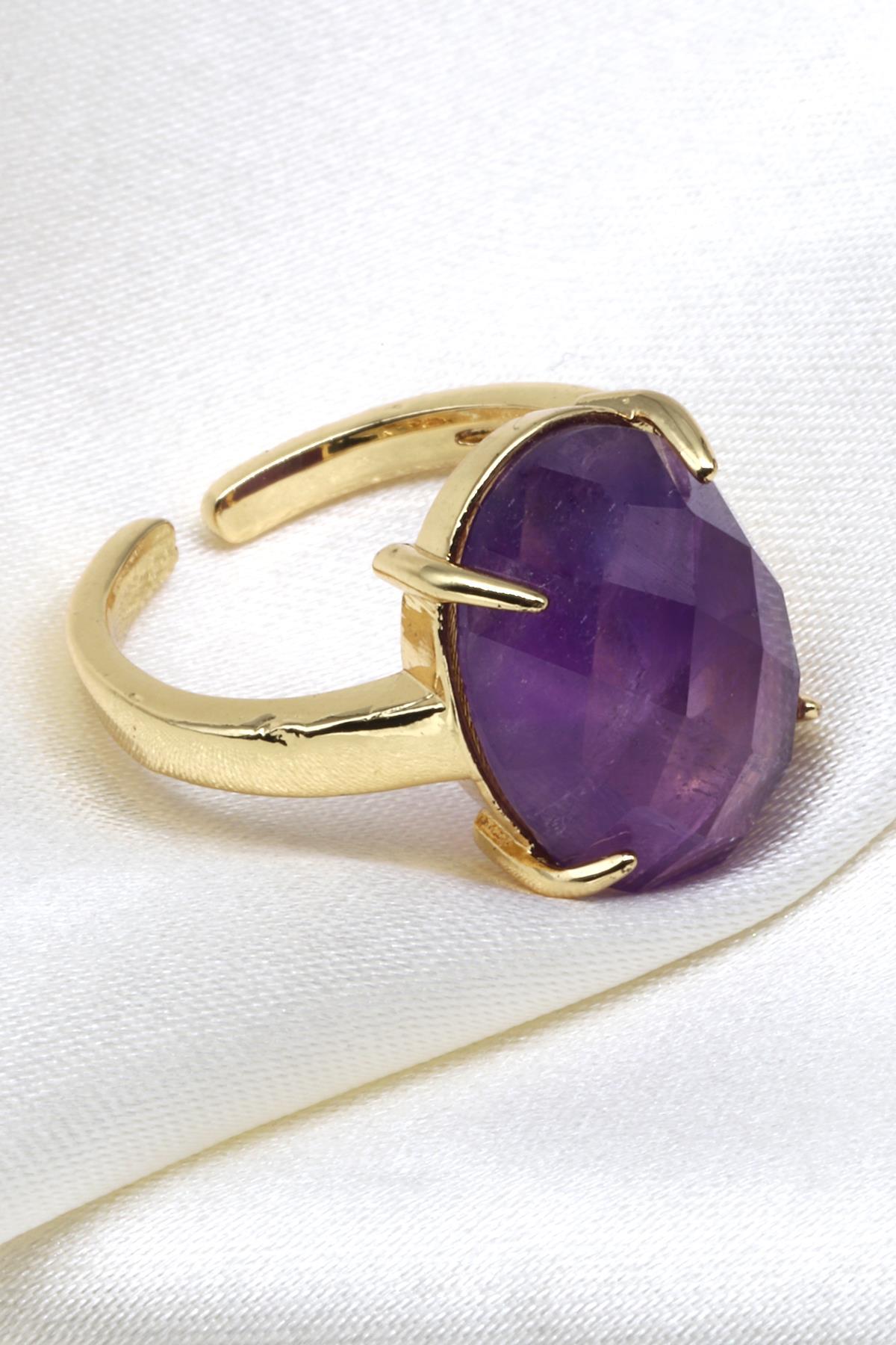 Ametist Doğal Taş Ayarlanabilir Gold Renk Yüzük
