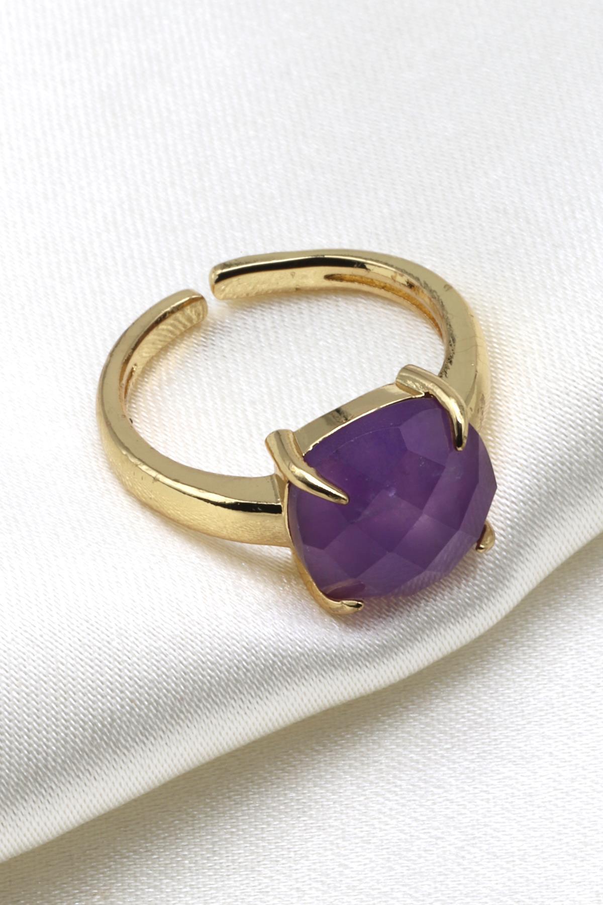 Ametist Doğal Taş Ayarlanabilir Gold Renk Yüzük