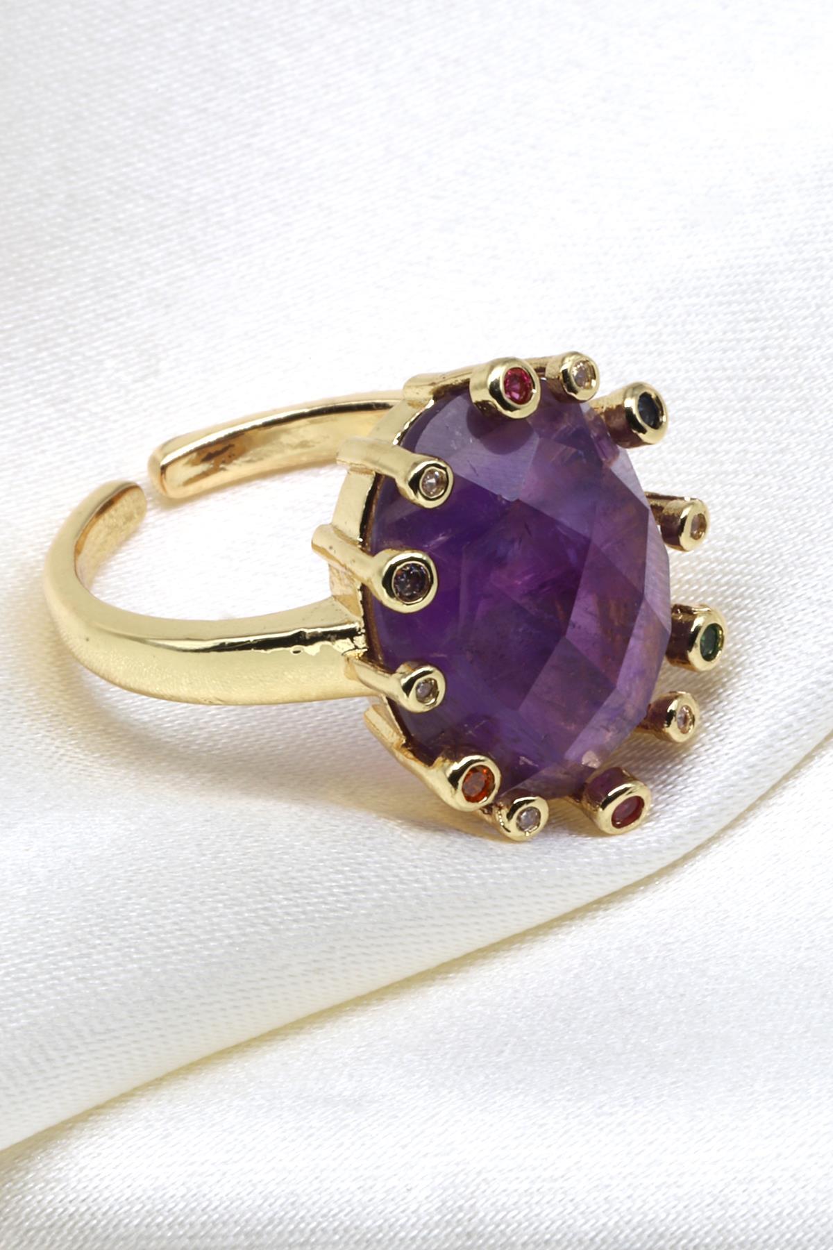 Ametist Doğal Taş Ayarlanabilir Gold Renk Yüzük