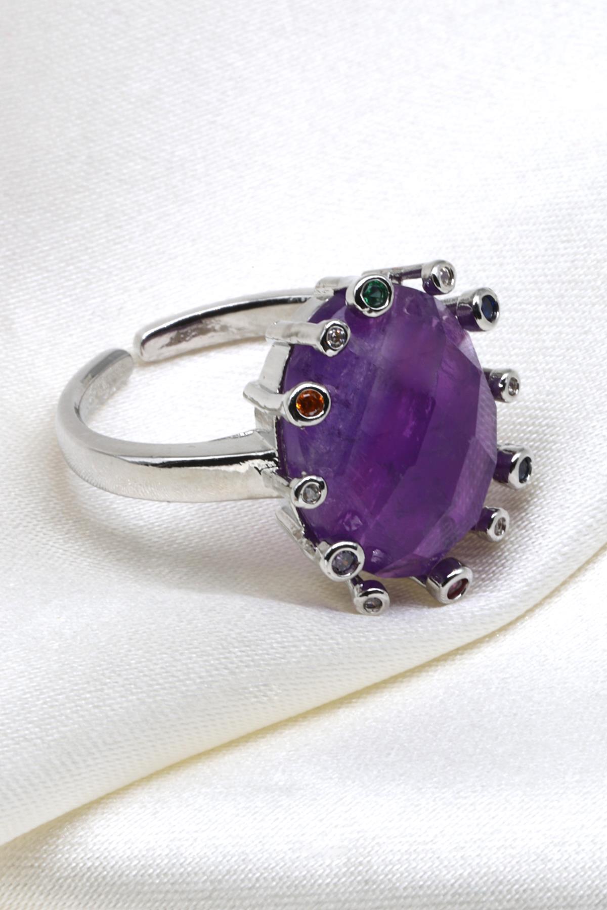 Ametist Doğal Taş Ayarlanabilir Yüzük