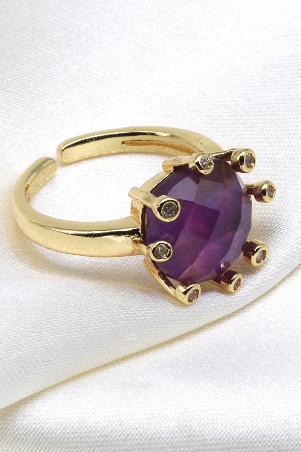 Ametist Doğal Taş Ayarlanabilir Yüzük