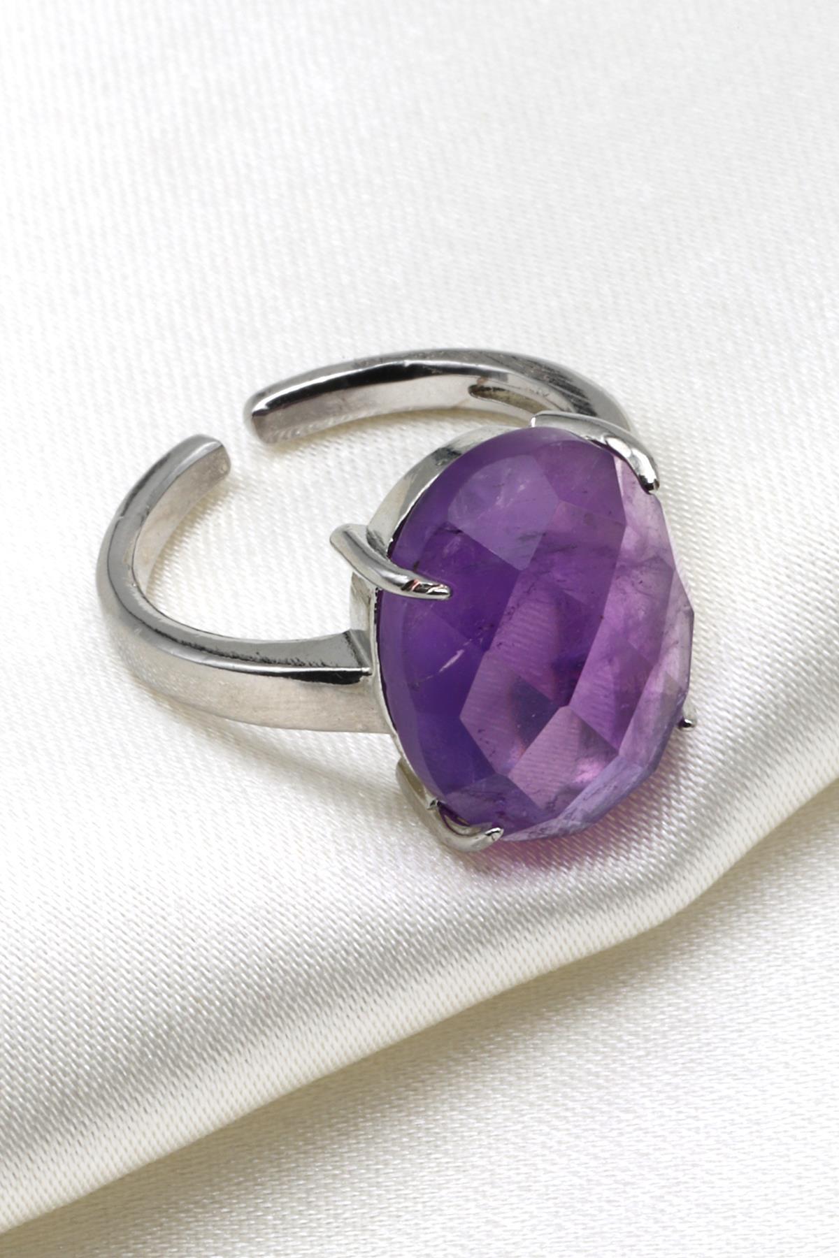 Ametist Doğal Taş Ayarlanabilir Yüzük