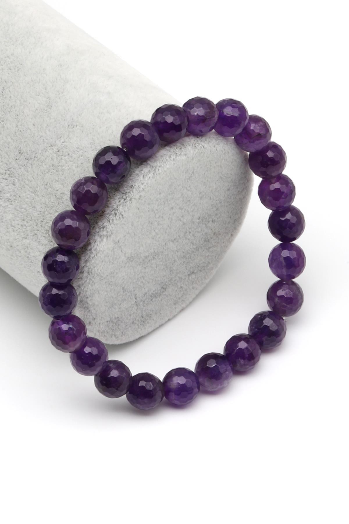 Ametist Doğal Taş Bileklik 8 mm Fasetli Küre Kesim