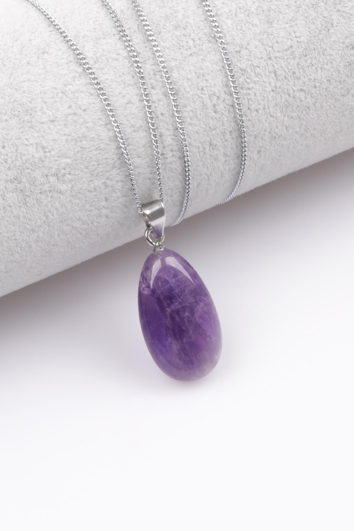 Ametist Doğal Taş Damla Kesim Kolye