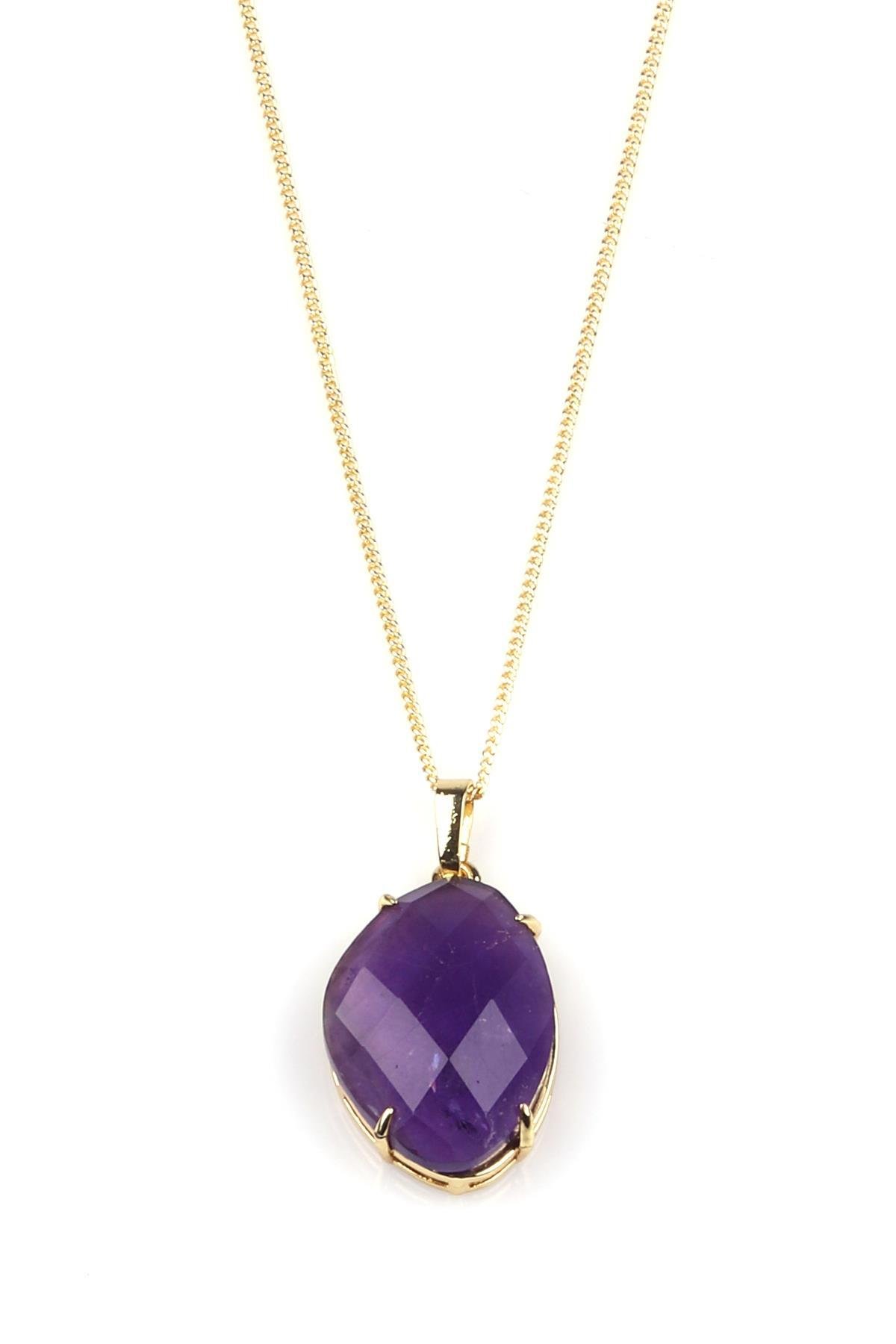 Ametist Doğal Taş Gold Renkli Kolye