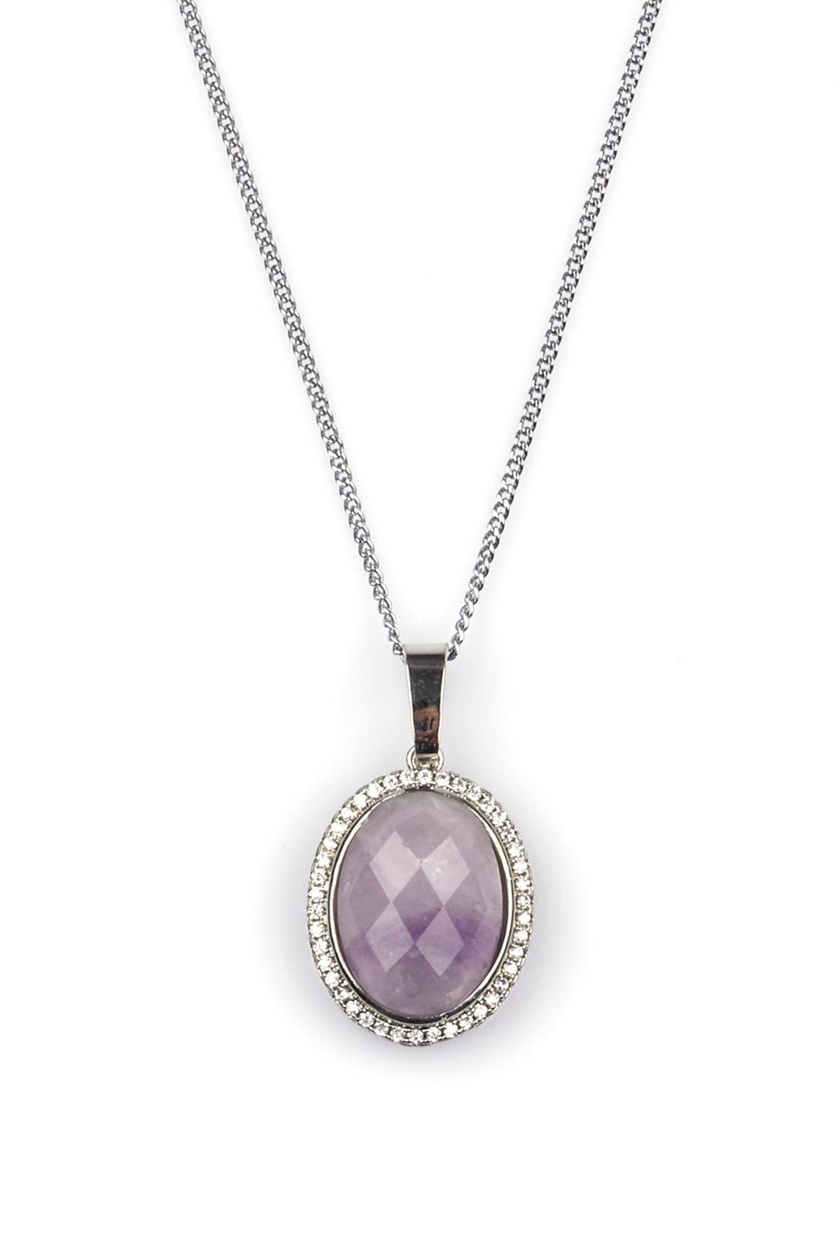Ametist Doğal Taş Gümüş Renkli Kolye