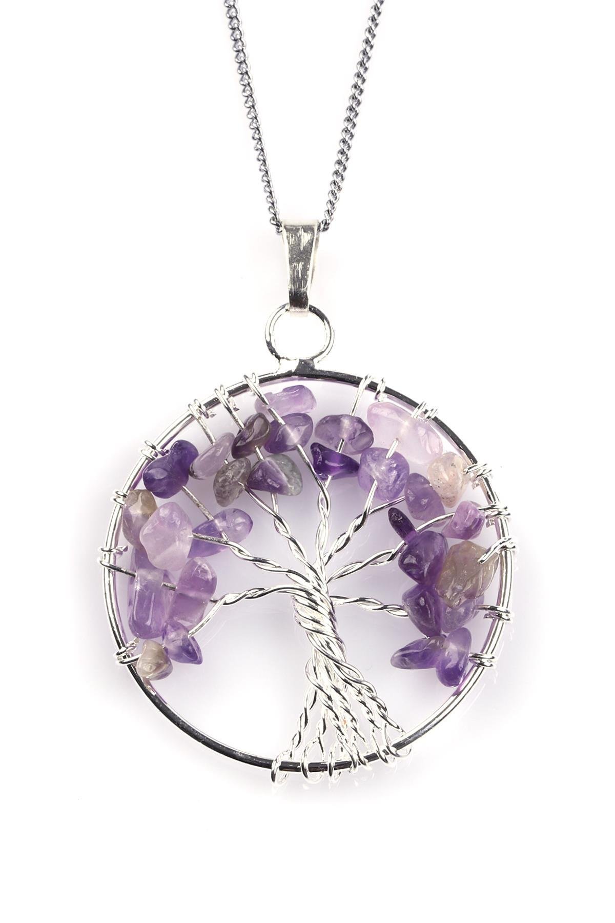 Ametist Doğal Taş Hayat Ağacı Tel Sarmalı Kolye